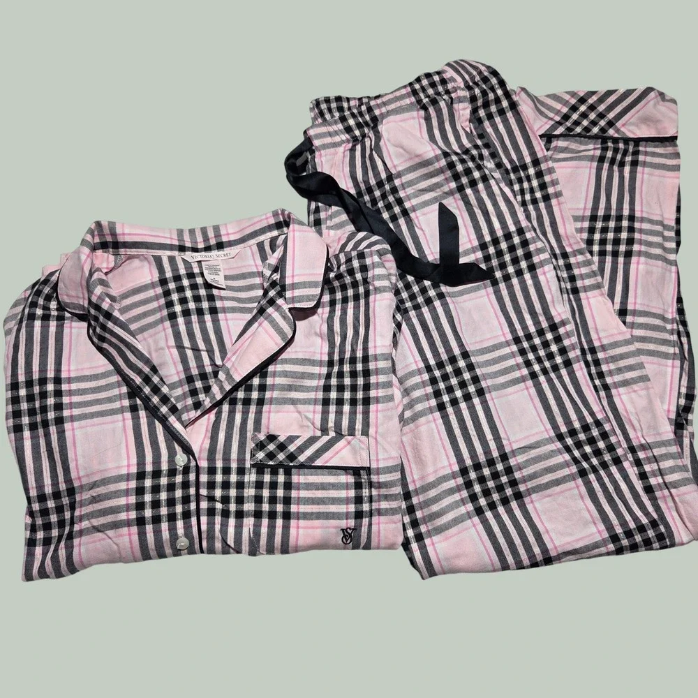 Victoria's Secret Pink Black Plaid Pajama Set Gold Lurex Y2K M Long Sleeve Pant